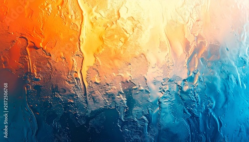 Abstract vibrant background with blurred lights seen through wet glass, showing a beautiful interplay of warm orange and cool blue colors