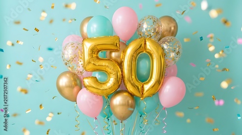 Golden 50th birthday balloons with colorful confetti on a light blue background