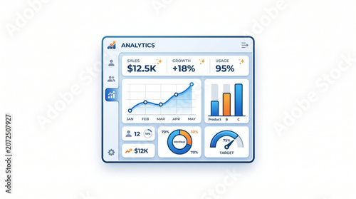 Business analytics dashboard graphic showcasing sales, growth, and financial data. Digital interface for performance monitoring and strategic insights