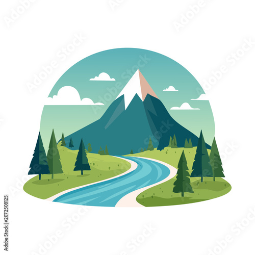 Flat vector illustration of mountain landscape with river