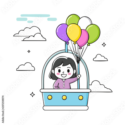 Girl in Hot Air Balloon with Colorful Balloons