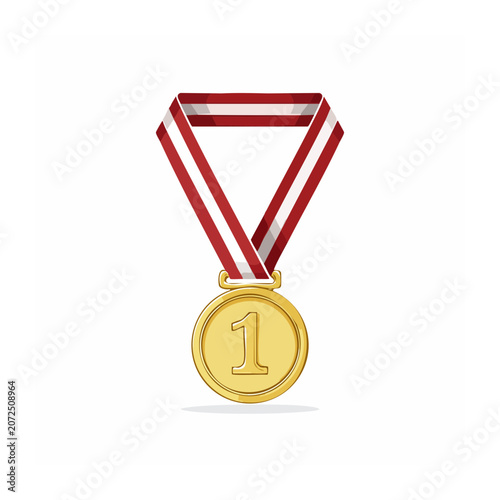 Gold medal with number 1 and red and white ribbon