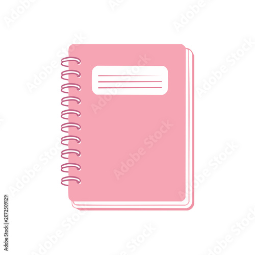 Pink spiral notebook with label, flat vector illustration