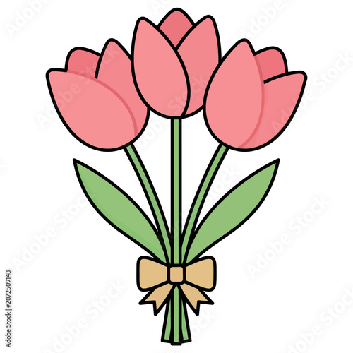 Pink Tulip Bouquet with Bow Flat Vector Illustration