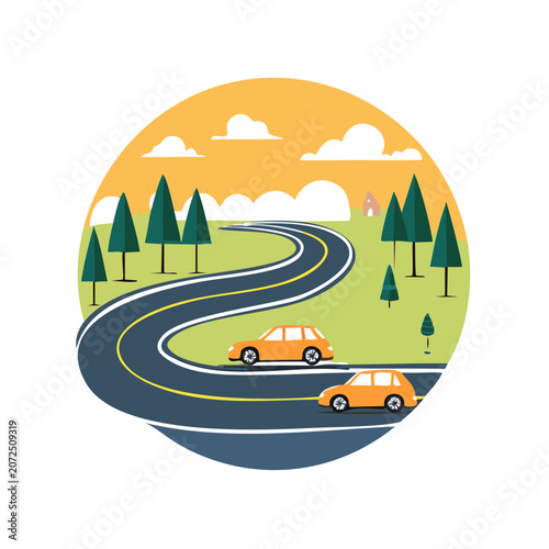 Winding road with cars in a scenic landscape illustration