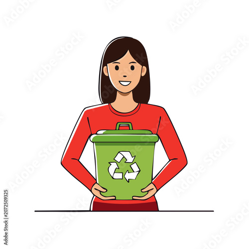 Woman holding green recycling bin with recycle symbol