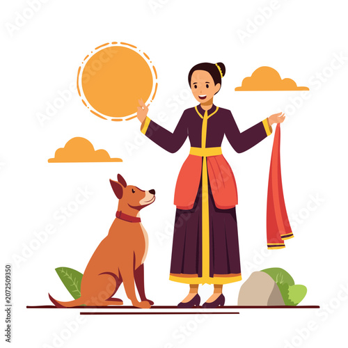 Woman in traditional dress with dog and sun illustration