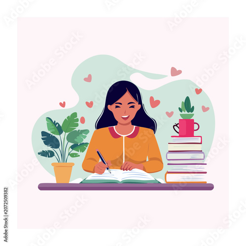 Woman writing in a book, surrounded by plants and books