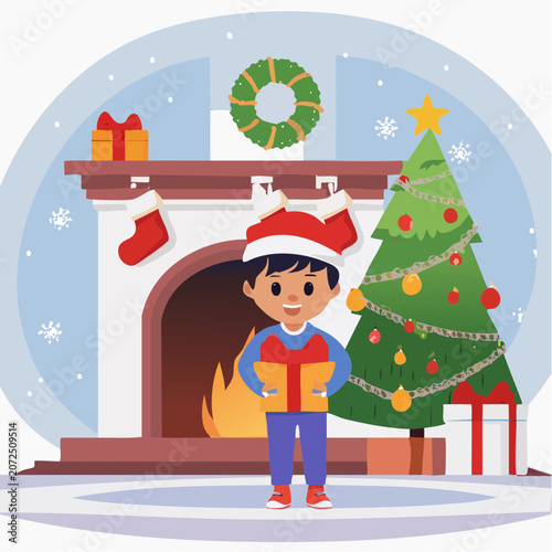 Boy Holding Christmas Gift by Fireplace and Tree