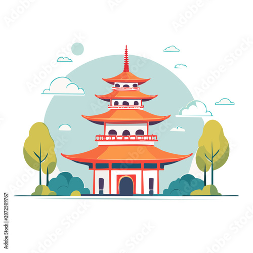 Traditional East Asian Pagoda Flat Vector Illustration