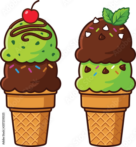 Bild auf Leinwand Two delicious double scoop ice cream cones with mint chocolate and cherry toppin