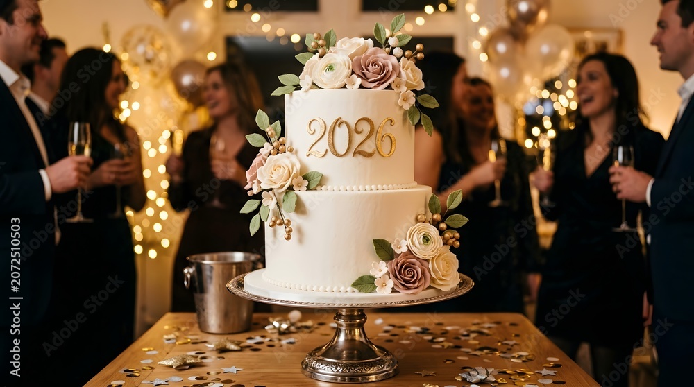 Fototapeta premium Sophisticated new years eve party with floral cake and champagne