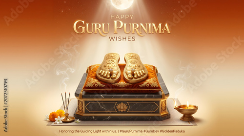 Guru Purnima celebration illuminated guru paduka with diya and moon devotional spiritual greeting card design