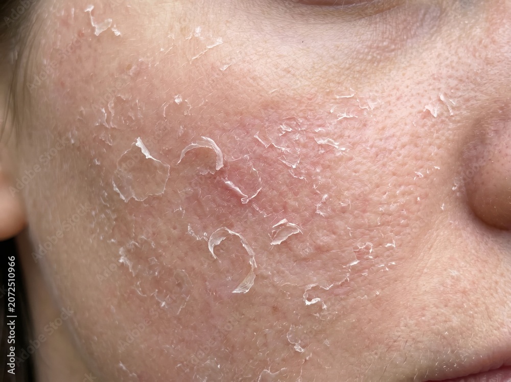 Fototapeta premium A close-up view of a person's facial skin showing significant flaking, peeling, and dryness.