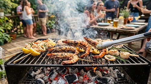 Delicious barbecue seafood cooking on grill with friends enjoying outdoors
