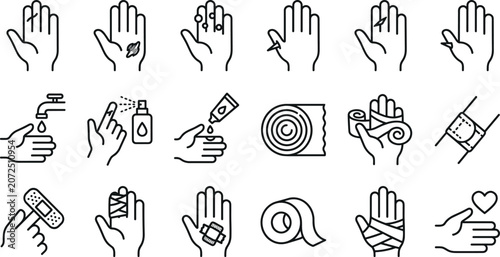 Tableau sur toile Hand injury and first aid line vector icons set of wound care treatment bandage