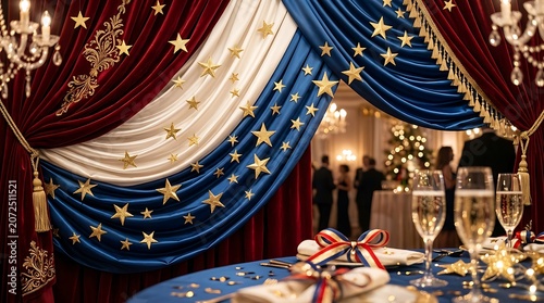Elegant festive celebration with red white blue drapes and stars