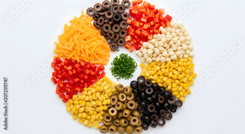food circle with colorful pasta and toppings