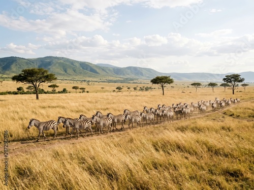 African zebra herd migrating through golden savanna, wild zebras walking in line on safari plains, majestic wildlife landscape with mountains