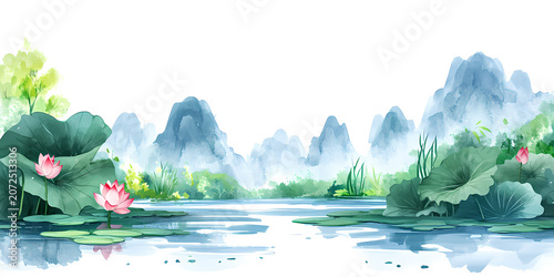 A tranquil lotus pond landscape painting