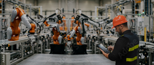 Quadro su tela Industrial worker monitoring automation machines through a digital tablet in a smart manufacturing facility, supporting production control, equipment monitoring and industrial operations management