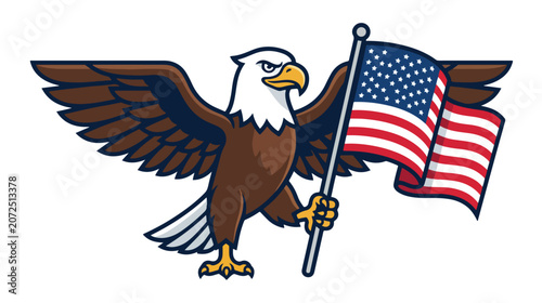 Patriotic Eagle Mascot Holding American Flag Flat Vector
