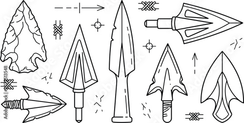 Photos Arrowhead and broadhead icon set vector outline collection of primitive flint stone spearhead archery hunting weapon tip elements