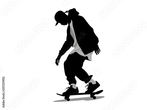 skateboarding. Teenage boy or skateboarder riding skateboard. Male cartoon character isolated on white background. Flat vector illustration.Flat Silhouette vector illustration on white background.
