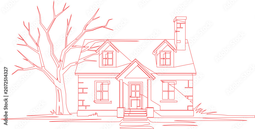 Fototapeta premium Quaint traditional house with a bare winter tree in front yard
