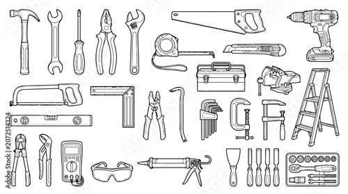 Hand tools line art collection, construction and carpentry equipment icons, professional repair and diy hardware vector set on white background