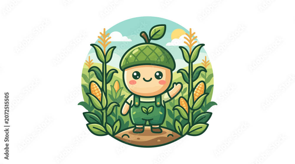 Fototapeta premium Cute Acorn Farmer Character in Corn Field Mascot Illustration