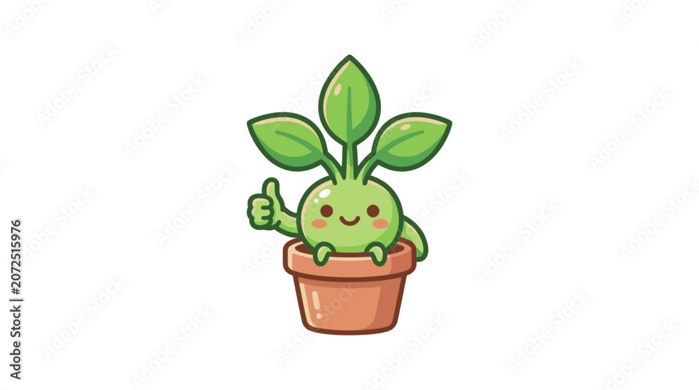 Fototapeta premium Cute Cartoon Plant Character Giving a Thumbs Up in a Pot