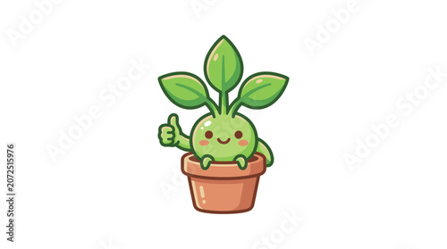 Cute Cartoon Plant Character Giving a Thumbs Up in a Pot