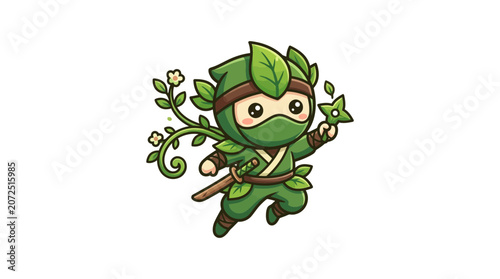 Cute Cartoon Nature Ninja Character with Leaf Suit and Shuriken