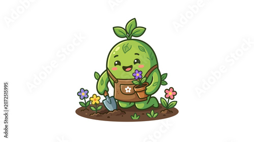 Cute Cartoon Plant Character Gardening with Flowers