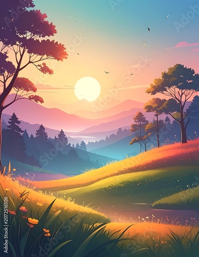 A serene landscape with a vibrant sunset over rolling hills