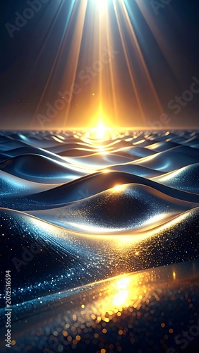 A serene ocean scene at sunset with radiant sunlight