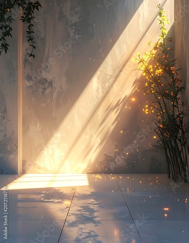 A serene room with sunlight streaming through a window onto a shiny floor