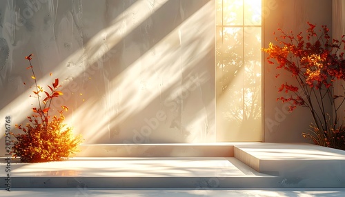 A serene scene with sunlight casting shadows on a wall with plants
