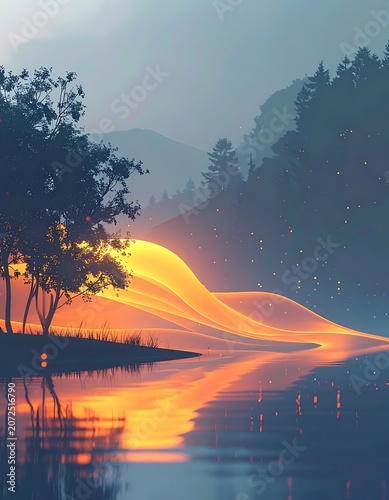 A serene landscape with a glowing orange wave over a body of water