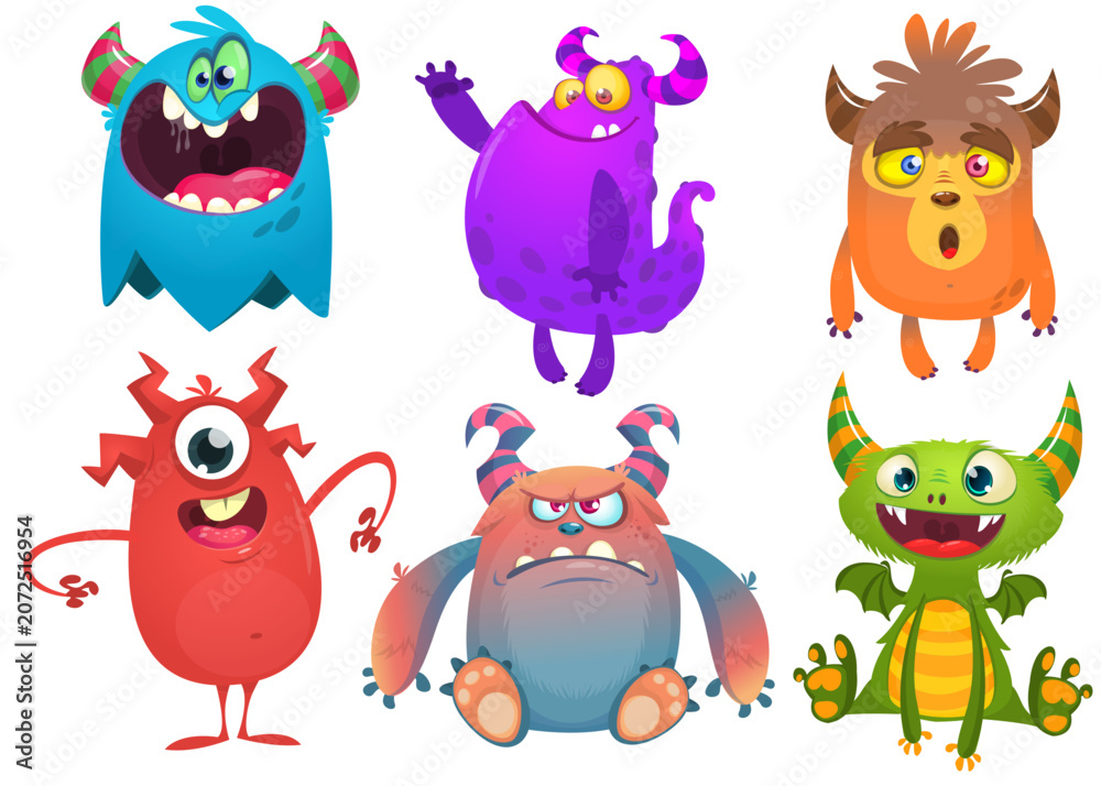 Naklejka premium Happy cartoon monsters with different face expressions. Set of cartoon vector funny and scary monsters characters design isolated on white