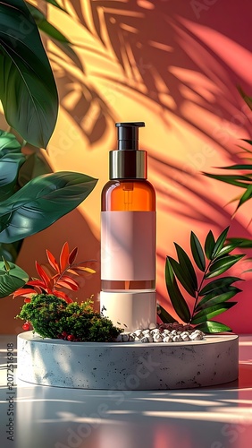 A serene still life with a bottle surrounded by plants