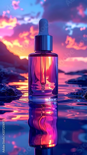 A serene sunset scene with a dropper bottle on water