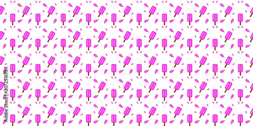 Seamless pattern of cute pink ice cream popsicles on white background.