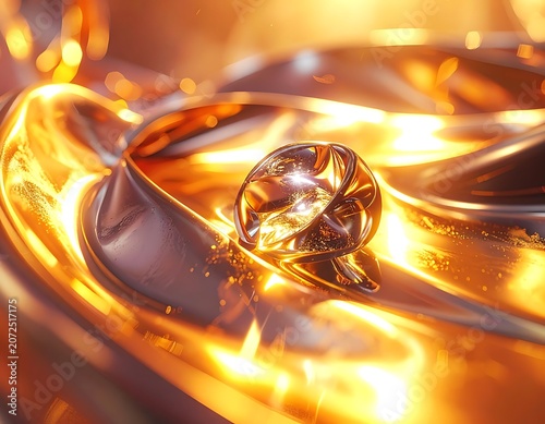 A shiny, golden, abstract scene with a large, faceted gemstone