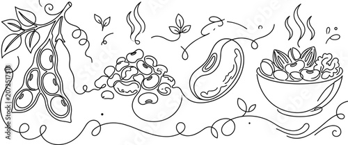 Cuadro en lienzo Bean and legume icon set vector outline collection of soybean pod kidney soup bowl continuous one line drawing
