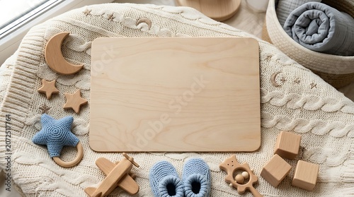 Baby toys and wooden blocks on a blanket near a window with blue shoes