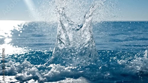 A dynamic water splash rises from the blue pool surface