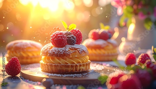 A sweet dessert with fresh raspberries and powdered sugar on a wooden plate