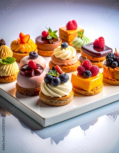 A tray of assorted mini cheesecakes with berry toppings